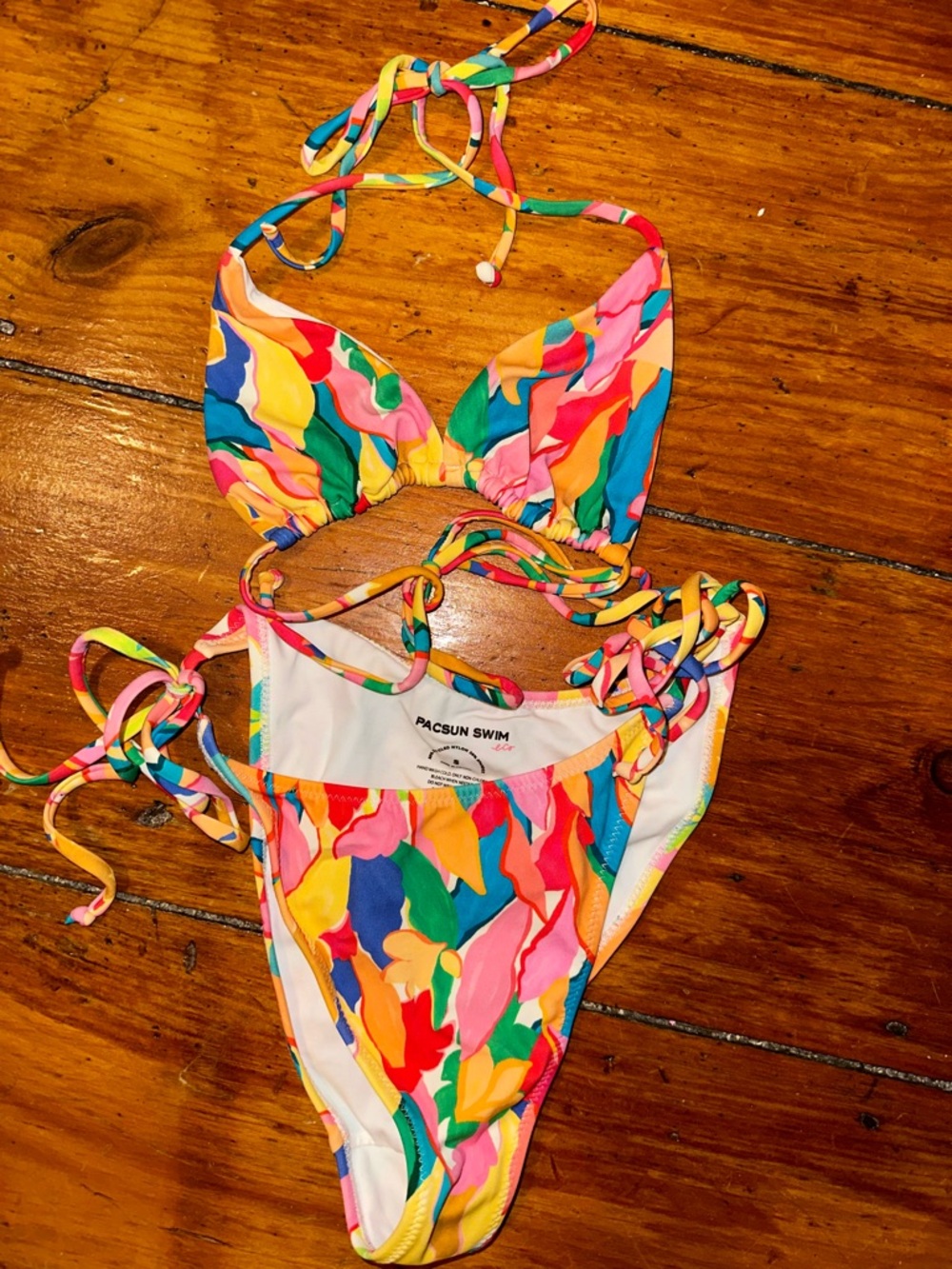 PacSun Multicolor Tie-String Swim Bikini in Pink, Yellow & Blue